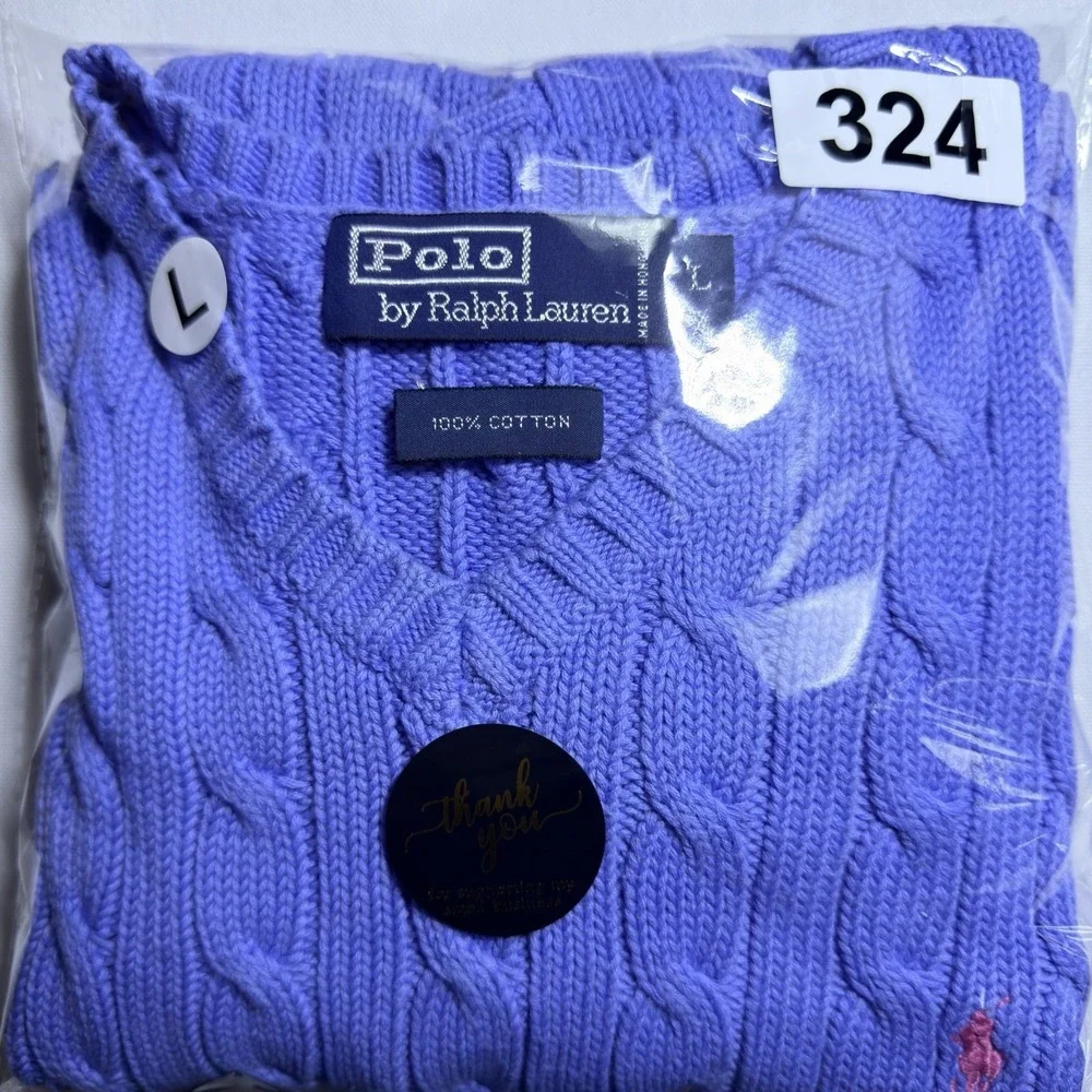 Polo Ralph Lauren Large Cable Knit Sweater Blue Pink Pony Preppy Vintage Vest